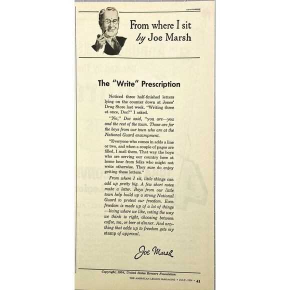 US Brewers "Writing to Active Service Men" by Joe Marsh" Vintage Print Ad 1954 - Picture 1 of 3
